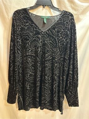 Ralph Lauren Black Floral Velvet Burnout V-Neck Tunic